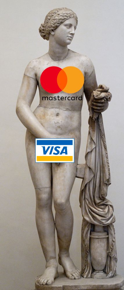 A photo of a statue of naked Aphrodite. Her vagina and breasts are covered by the logos for Visa and Mastercard respectively.