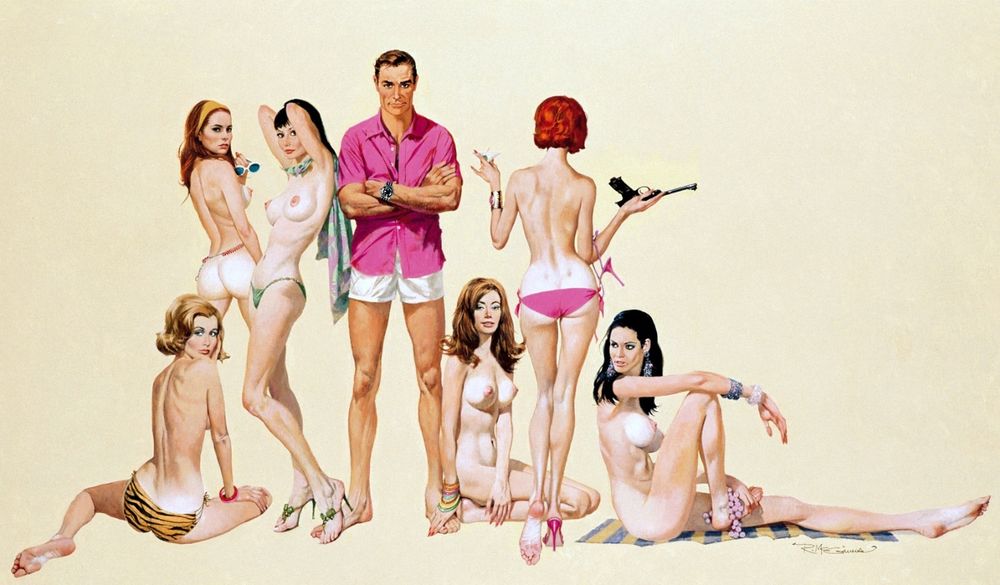 James Bond art by Robert McGinnis. Sean Connery with a group of women