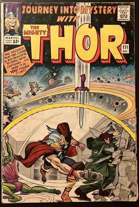 Comic cover of Journey into Mystery #111 featuring Thor diving out of the way of a falling sword.
