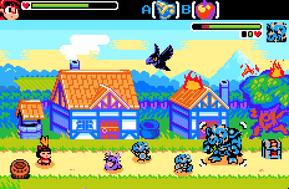 Pixel art mockup of lizardmen attacking a village