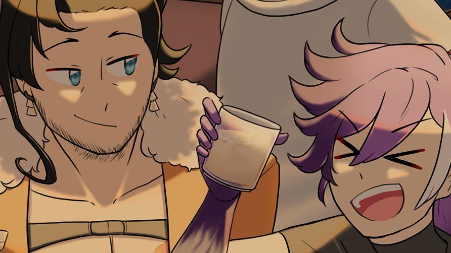 A close up of Shinri and Hakka from the previous full artwork. Hakka is holding his cocktail in his hands.