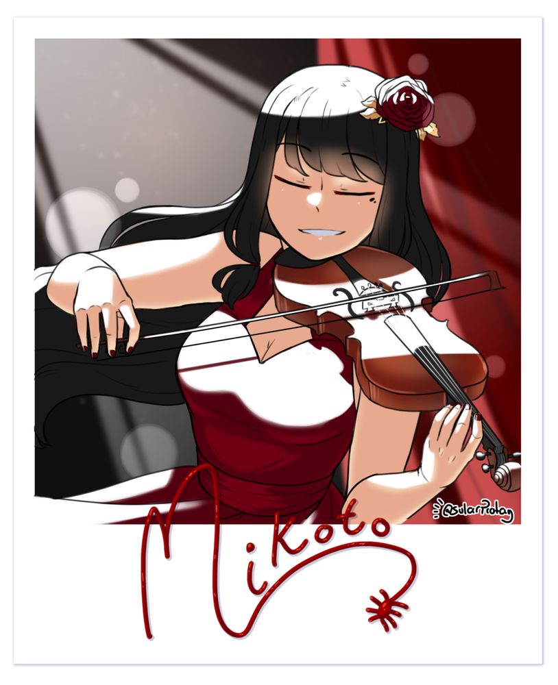 A polaroid-style waist-up drawing of my OC Mikoto, playing the violin as a strong spotlight shines down on her. Her eyes are closed with a content smile. Her signature is at the bottom of the image; Mikoto written in thin, whispy lines with the M becoming a string connected to a spider.