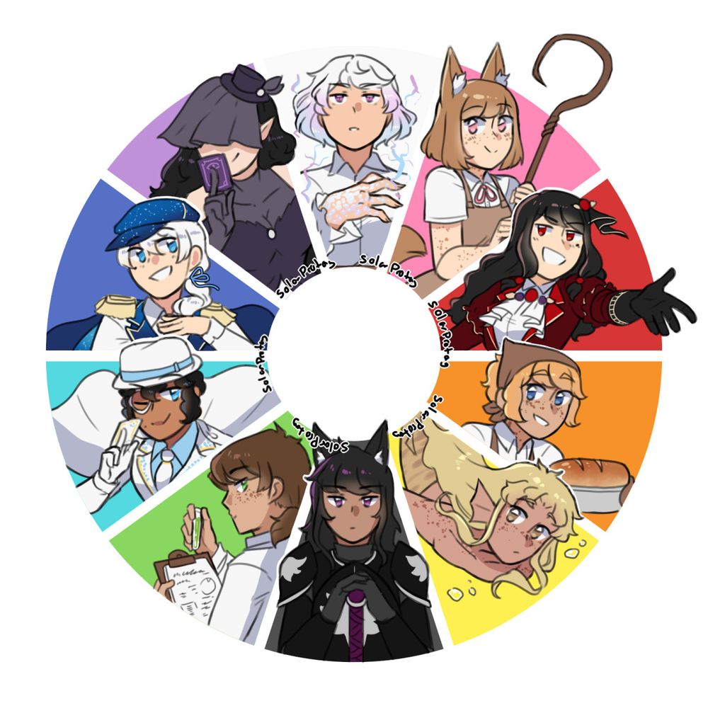 A circular diagram with several slices cut out, each with a different colour in it. From the top clockwise it goes white, pink, red, orange, yellow, black, green, cyan, blue, and purple. In the slices are drawings of several original characters of mine that fit each colour slice.