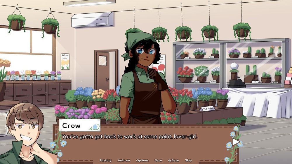 Screenshot from The Mysterious Thief Forget Me Not.
Shows the flower shop scene, with Desirée's sprite in her uniform in the middle of the screen and Crow's disguise side portrait in the bottom left. The text reads "Crow: You've gotta get back to work at some point, lover-girl."