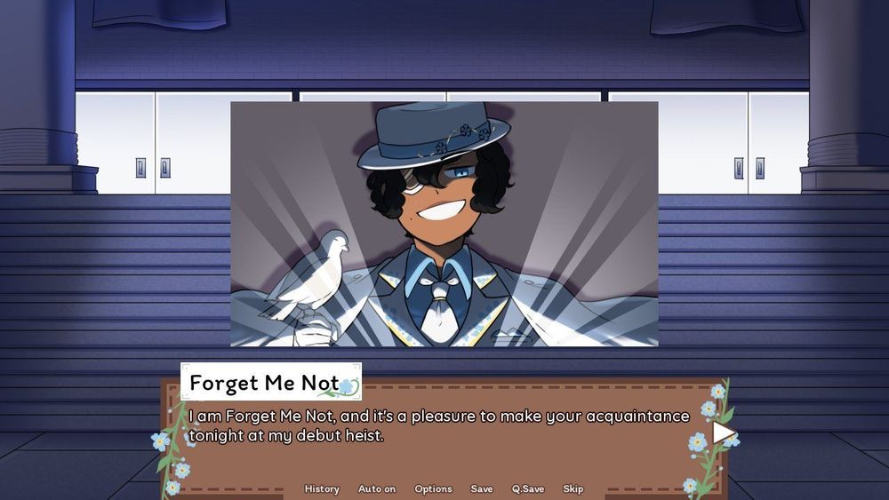 screenshot from The Mysterious Thief Forget Me Not.
Shows the museum entrance scene at night, with a cut-in of Forget Me Not smirking in the center of the screen. The text reads: "Forget Me Not: I am Forget Me Not, and it's a pleasure to make your acquaintance tonight at my debut heist."