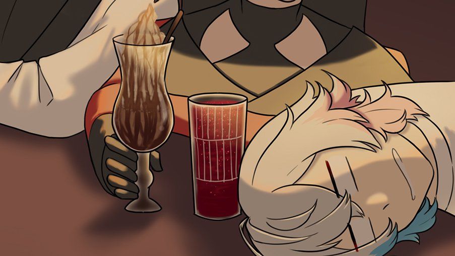 A close up from the previous full artwork of Bettel, conked out on the bar table, with his and Flayon's cocktails next to them.