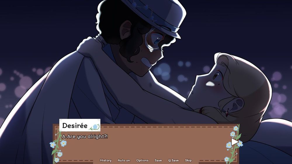 Screenshot from The Mysterious Thief Forget Me Not.
Shows the CG of Desirée catching Irina on the rooftops at night.