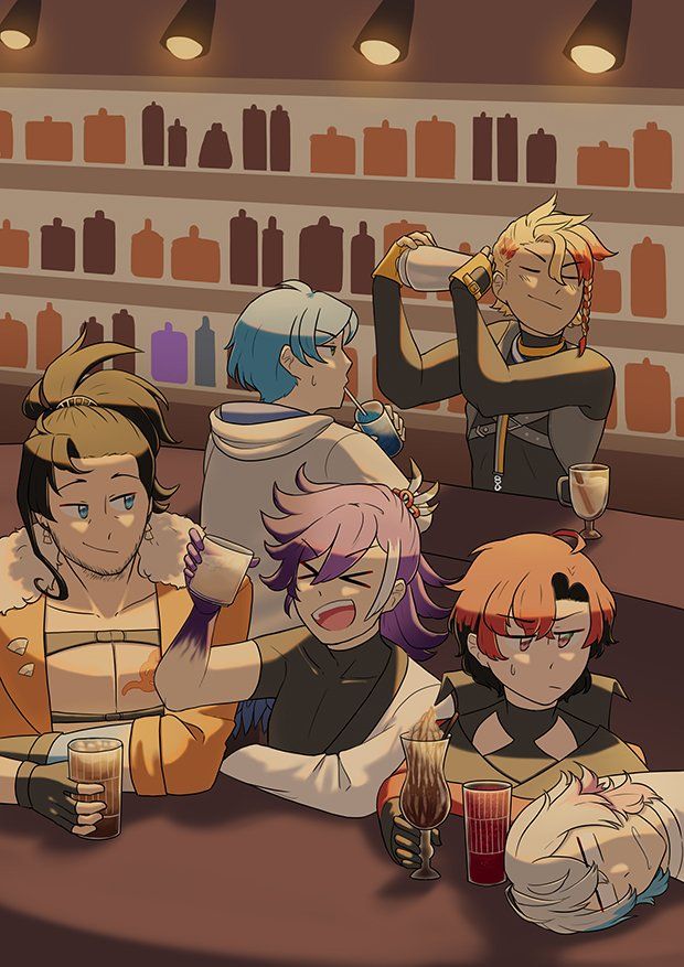 Artwork of the vtubers from Holostars English Tempus. They're sitting together in a bar, with the HQ duo in the back and the Vanguard quartet in the front. They each have their custom cocktail creation from the zine next to them.