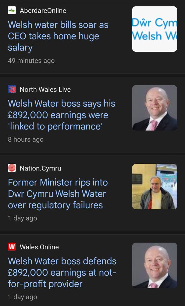 Screen shot of news headlines showing CEO of Dwr Cymru is getting paid £892,000.
