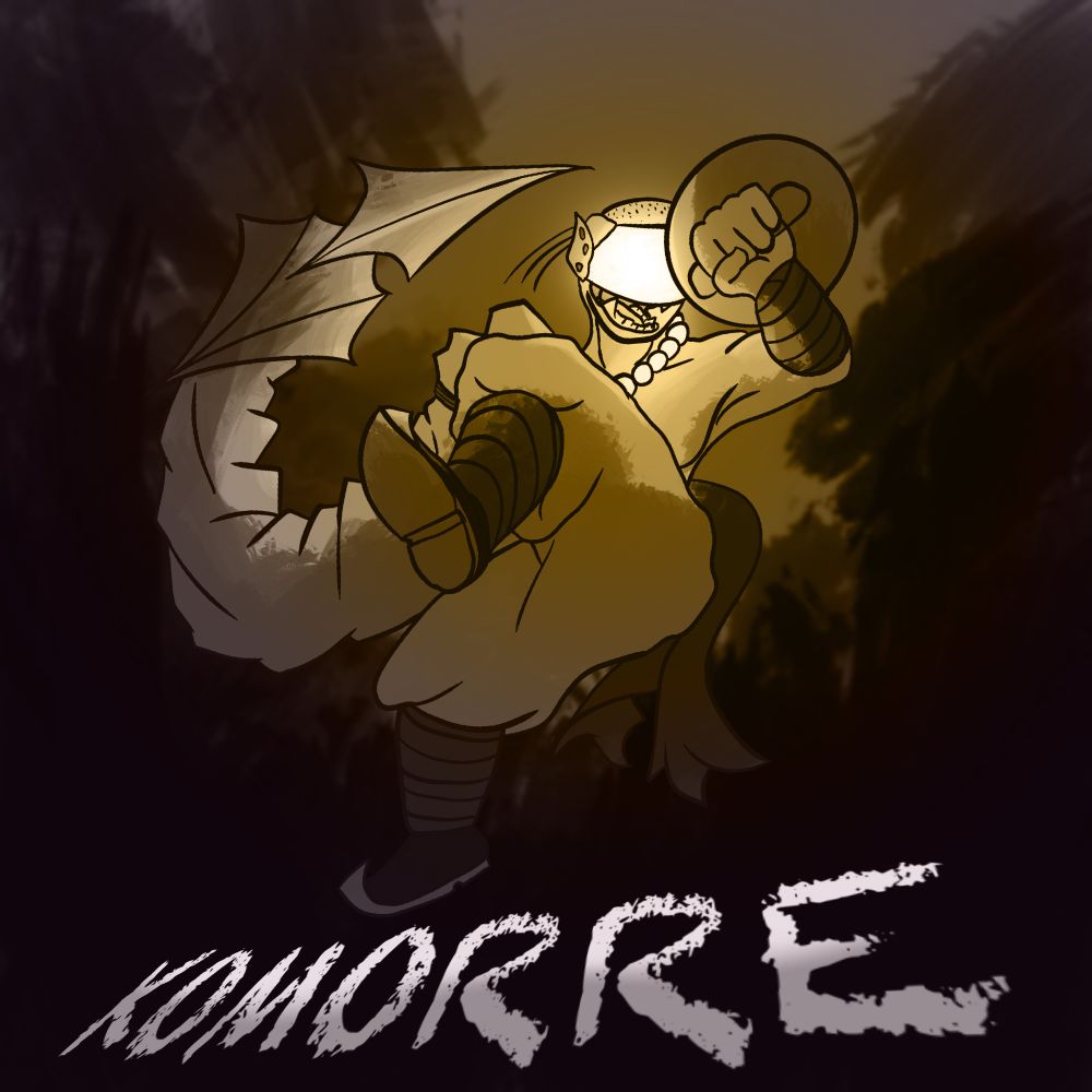 A man leaping up to swing at the Camera with their stinger arm.  Holding a buckler in the other hand and a visor covering his eyes.  He is attacking with a massive swing. 