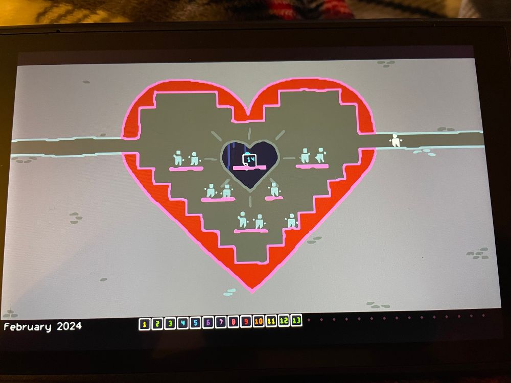 This screenshot shows a big red heart icon with the calendar date for 14 in the middle, thematically aligning with Valentine’s Day imagery. Other people that look like the main character are on platforms surrounding the 14.