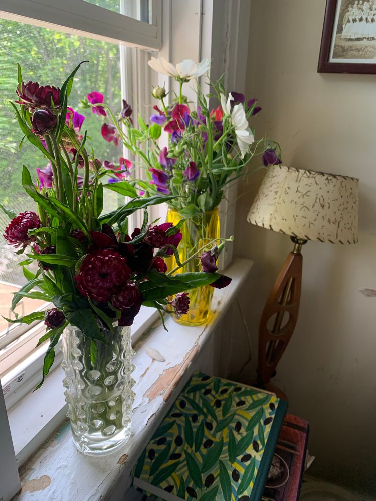 Two glass vases filled with flowers on à windowsill, above a stack of books on a radiator, stacked next to a vintage lamp. 