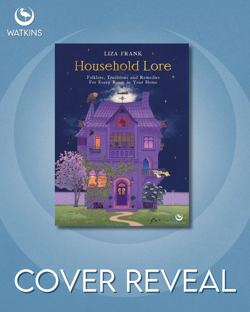 The cover of my new book! Household Lore by Liza Frank - the cover is a big purple house with each window lit displaying some sort of folklore with in it. The front garden has a rowan and an elder tree and there's a crooked path leading to the front door. 