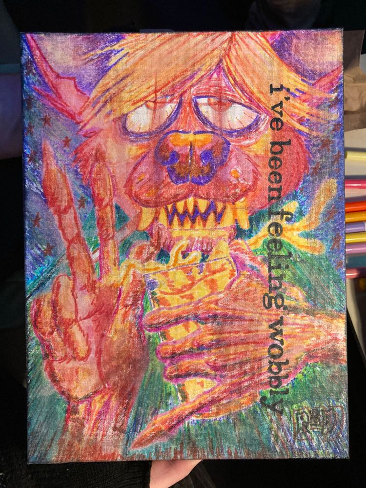 a colorful, drowsy-eyed canid in a green poncho holds up a peace sign with their right hand, and holds a glass of cider in the other. they are not doing a good job holding the glass steady. a lyric from the Ezra Furman song "Wobbly" runs down the right side of the canvas in Clarendon font: "I've been feeling wobbly".