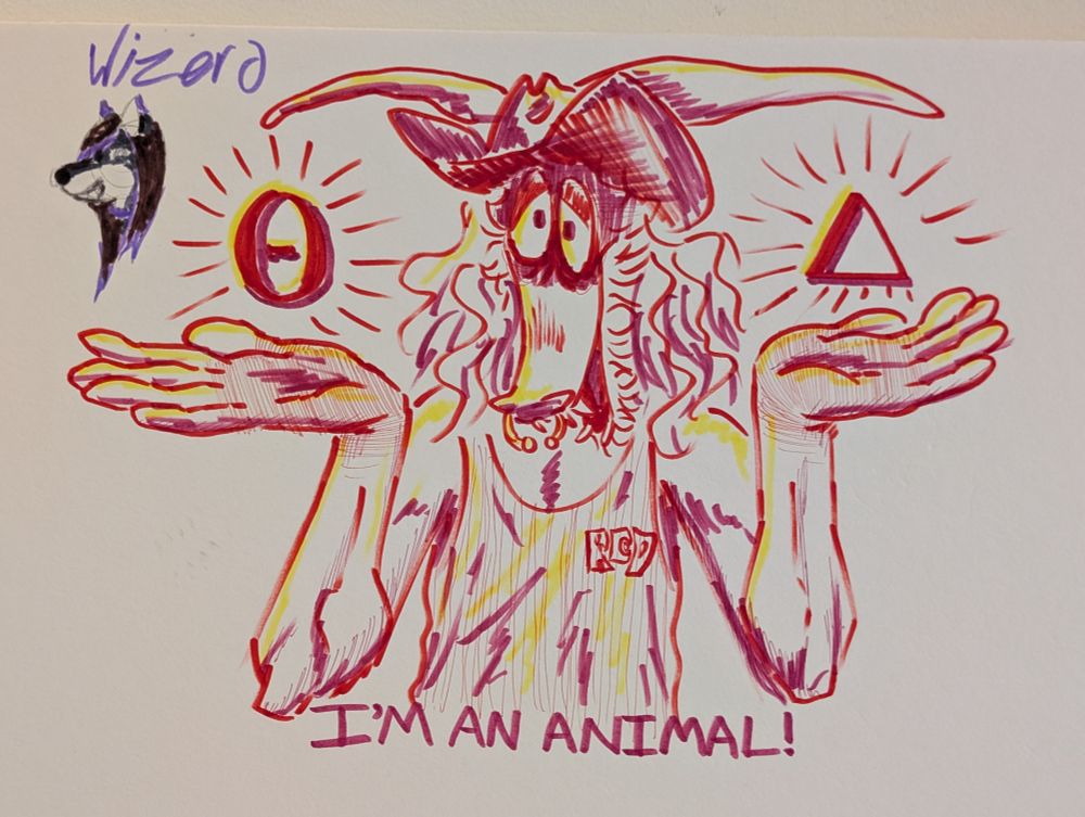 a quick marker drawing on a publicly displayed poster board. Red the creature shrugs while holding a Theta in one palm and a Delta in the other. they say, "I'm an animal!"