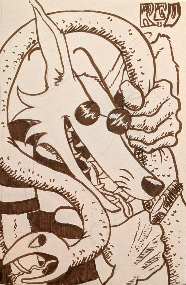 Jocko is a blind wolf or dog of sorts who wears round sunglasses and a striped shirt. he's holding a cigar in one hand and a live snake in the other.