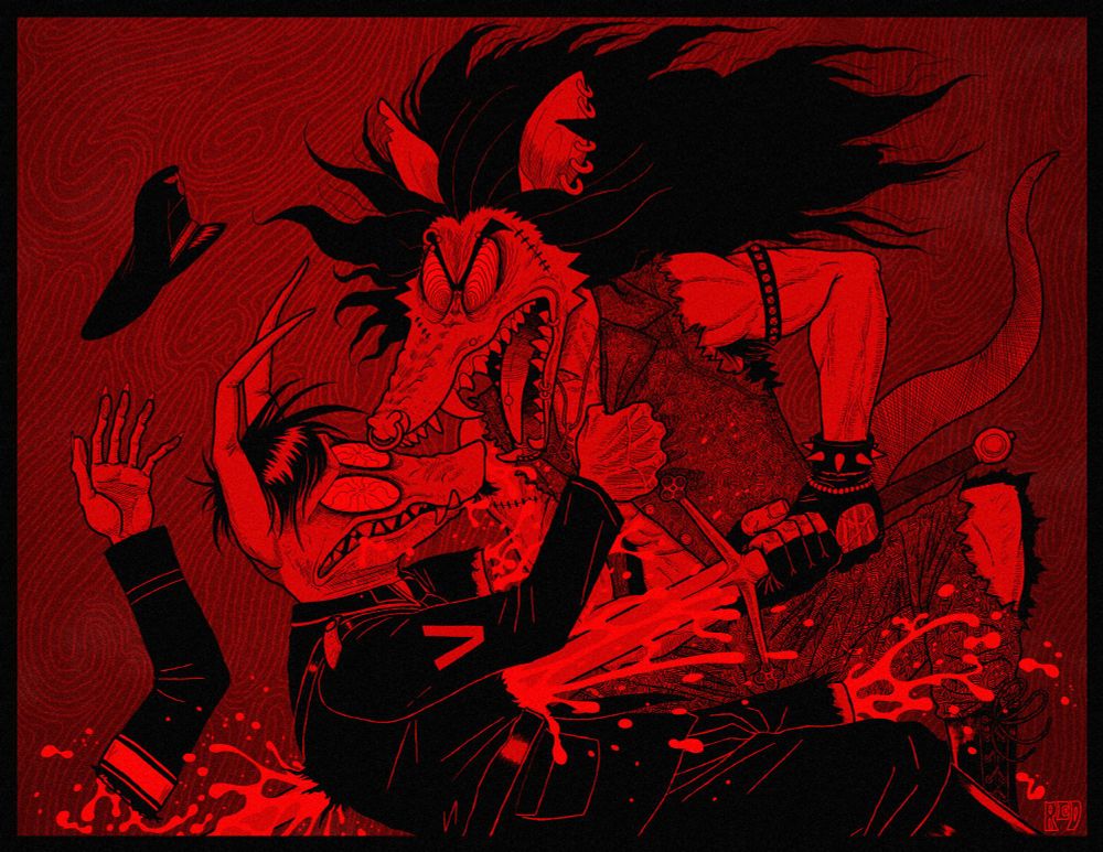 a screaming punk opossum skewers a fascist with a claymore. blood bursts from the wound's opening and exit. the fascist's arm and leg have also been hacked off at some point.