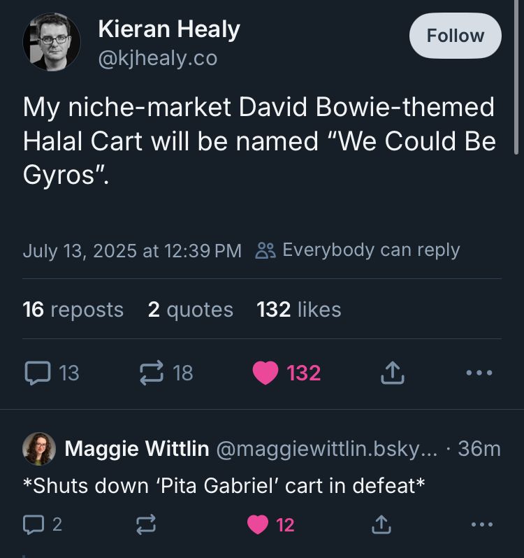 Kieran Healy (@kjhealy.co):
My niche-market David Bowie-themed Halal Cart will be named "We Could Be
Gyros".

Maggie Wittlin (@maggiewittlin.bsky.social):
*Shuts down 'Pita Gabriel' cart in defeat*