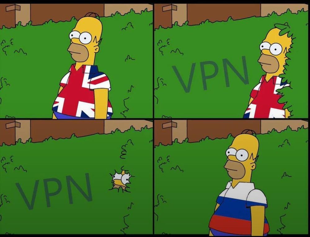 Homer meme from The Simpsons, going in the bush British, coming out from another country (using a VPN) because of the atrocious and overreaching UK online safety act