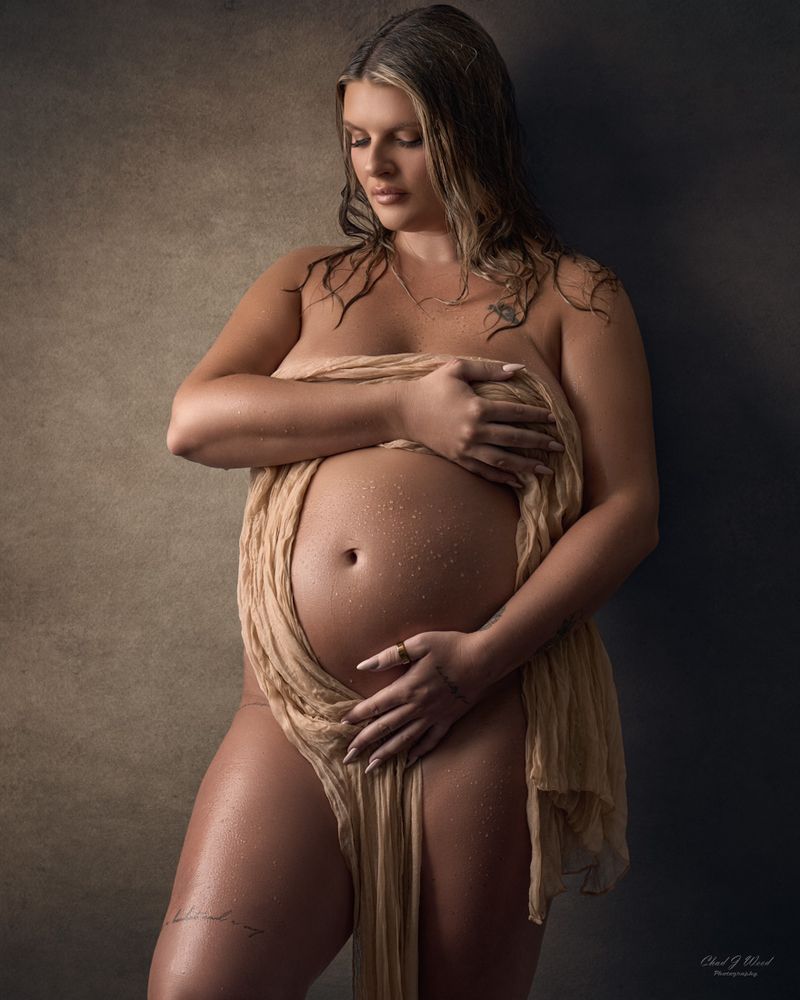 Maternity Boudoir Photography Scottsdale: Wet Pregnant woman draped in soft material