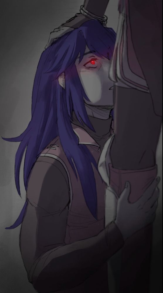 Risen!Lucina on her knees, looking up at Fell!Severa.