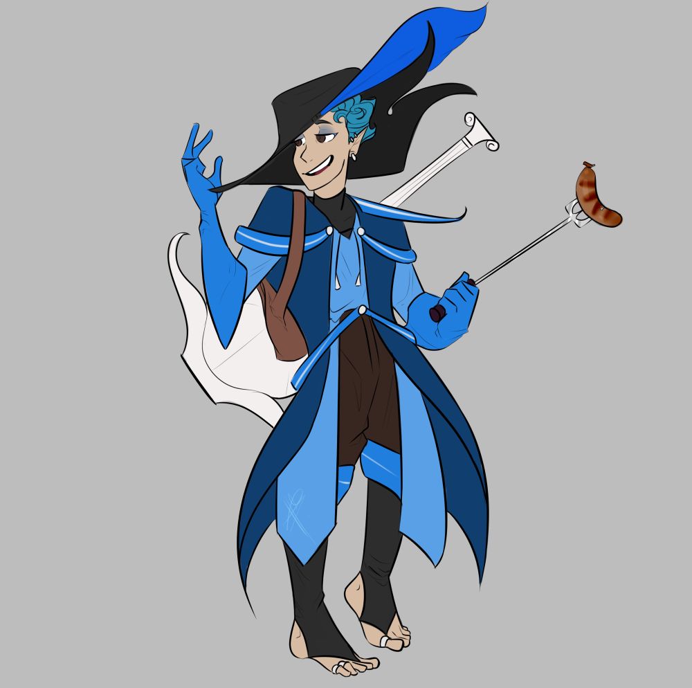 And extremely foppish Halfling bard wielding a long sausage fork as a rapier! 