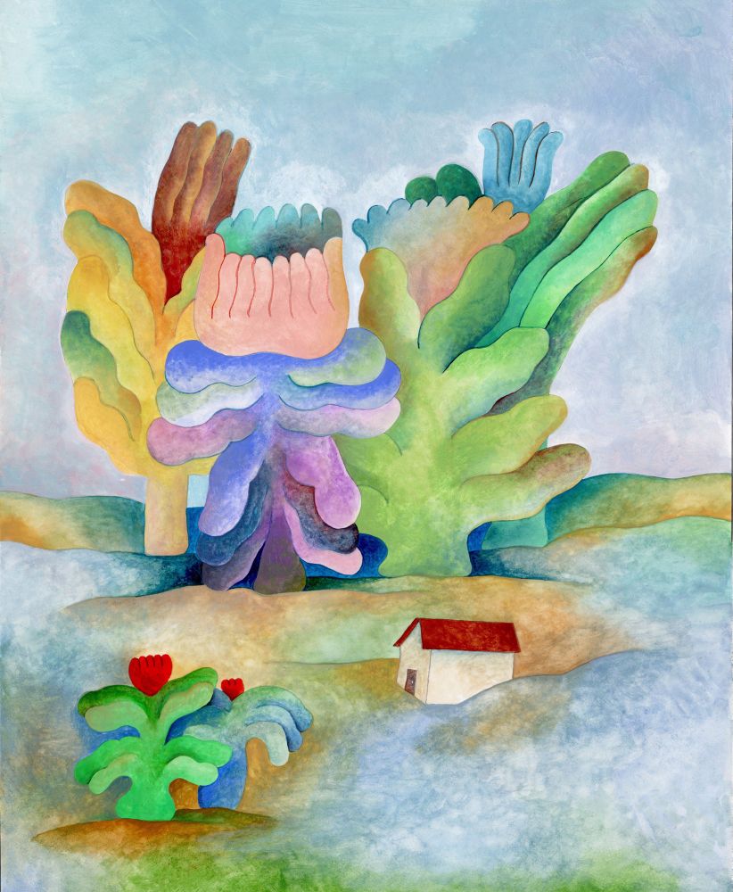 A painting of a small house with a garden full of big flowers. 