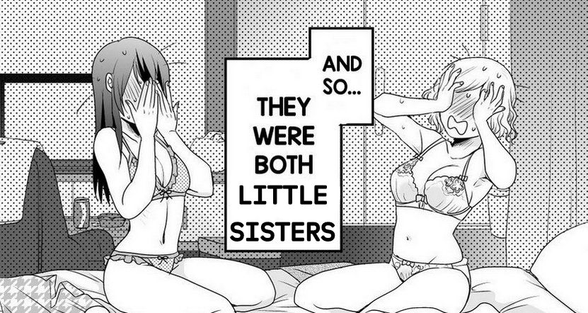 two anime girls in lingerie, hiding their faces and blushing embarrassedly
caption: "and so... they were both little sisters"
