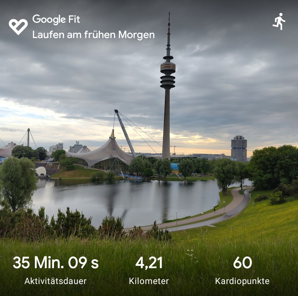 Blick über Olympiasee, Turm und Stadion. Im Vordergrund grüne Wiese, der Himmel ist wolkig.