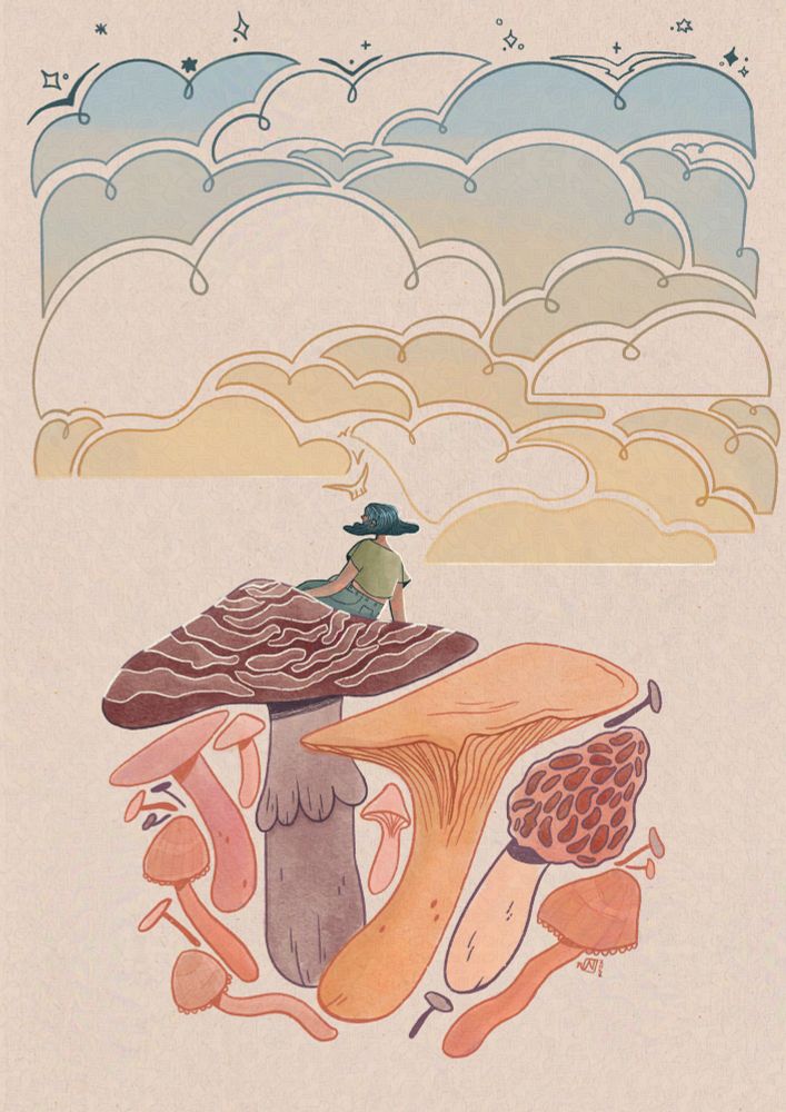 A drawing of a woman with blue hair sitting atop some large mushrooms that seem to float near the bottom of the illustration. The woman’s back is facing the viewer as she looks off into the distance toward the left. Above the woman are yellow and blue clouds.