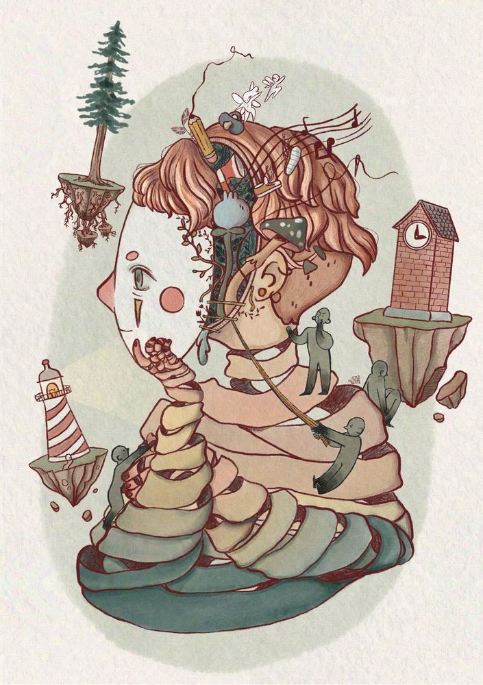 A drawing of a person unraveling from the neck down. Their face is a mask in a soft smile that they are removing to show a multitude of things inside their head. Around them/in the background on floating islands is a lighthouse, a tall pine tree, and a clock tower. Little gray people climb around the person. One gray person is pulling on a string to try and keep the mask on the person's face. One person is angrily whispering in their ear and the last little gray person is sitting on the main figure's shoulder turned away from everyone else sorrowfully