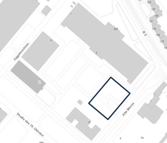 Ein Schwarz-weiß-Plan der Alten Messe. Man sieht oben rechts das Gebäude von Porta sowie den Parkplatz, die Straßen "Alte Messe" und "Straße des 18. Oktober" und dort eingezeichnet ein schwarzes Viereck auf dem Parkplatz unten rechts (südöstlich), wo das Gebäude entstehen soll.