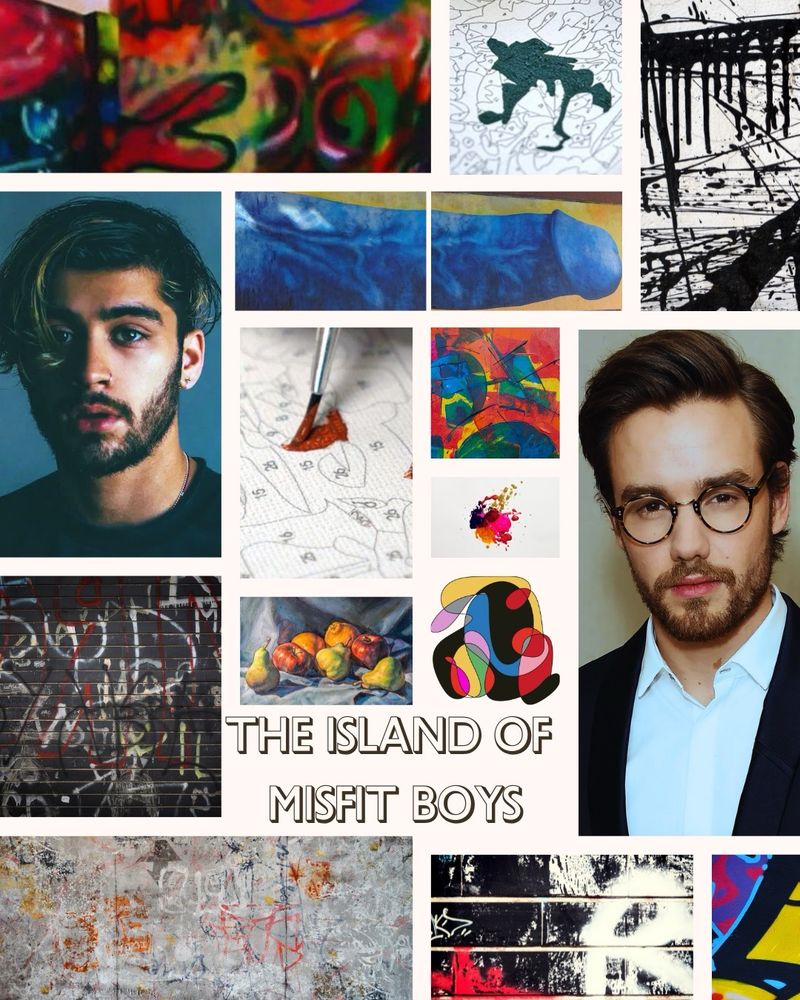 A moodboard of various graffiti art, abstract art, paint splatters, and still lifes, all in vivid colors. Mixed into the moodboard are pictures of Zayn Malik (with slightly longer hair, dyed green at the ends, and wearing a black sweater) and Liam Payne (wearing a suit and round-framed glasses). The text on the moodboard reads: “The Island of Misfit Boys”.