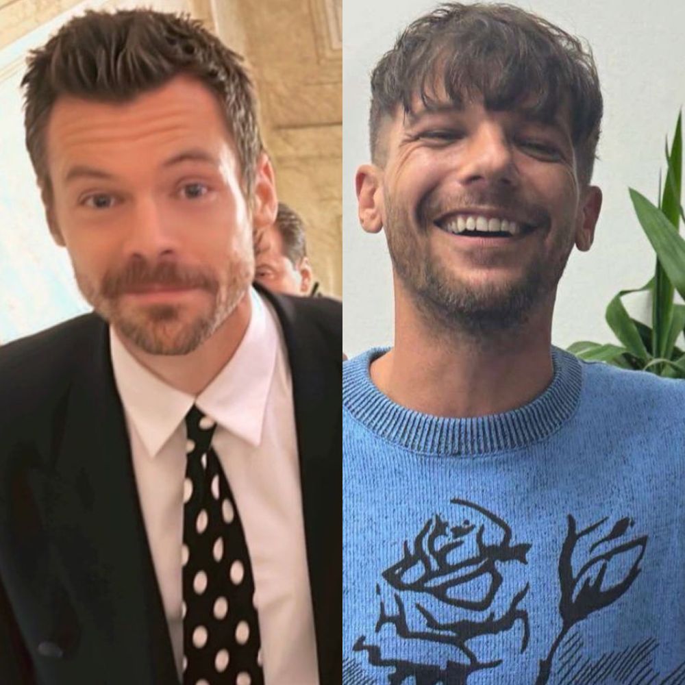 A split image: On the left, Harry Styles smiling at a wedding wearing a black suit, white shirt, and polka dot tie. On the right, Louis Tomlinson laughing, wearing a blue 28OP sweater vest with roses printed on the front.