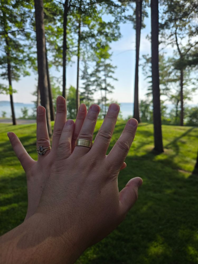 Two hands are interlaced showing off some new wedding rings. The background is a lawn shaded by trees in front of a beautiful blue sky and the Azure waters of lake Michigan