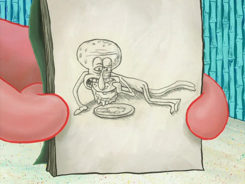 A funny and slightly creepy drawing of Squidward eating a Krabby Patty while laying on the floor. From the SpongeBob Squarepants episode "Patty Caper".
