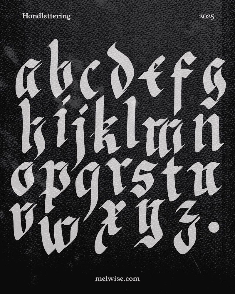 A full set of white, hand drawn alphabet letters in a gothic blackletter style on a black textured background.