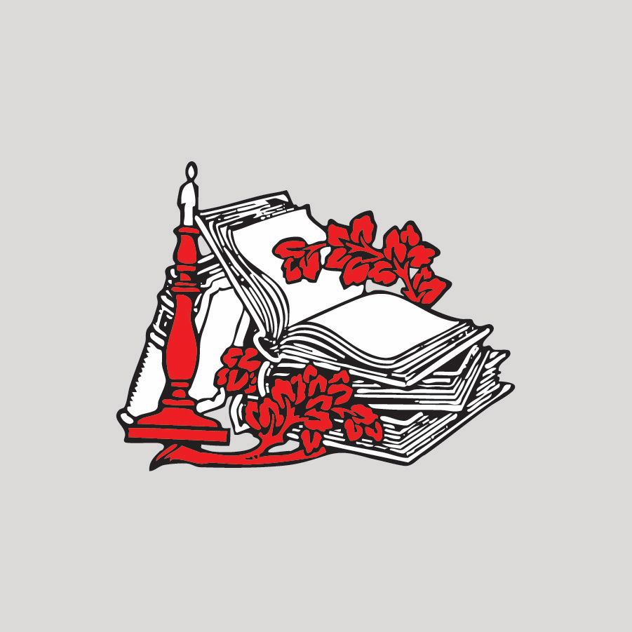 A pile of books icon with red flowers and a candlestick.