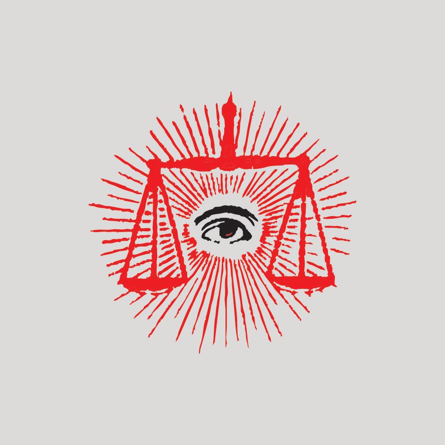 An eye icon with radiating lines and a red set of scales