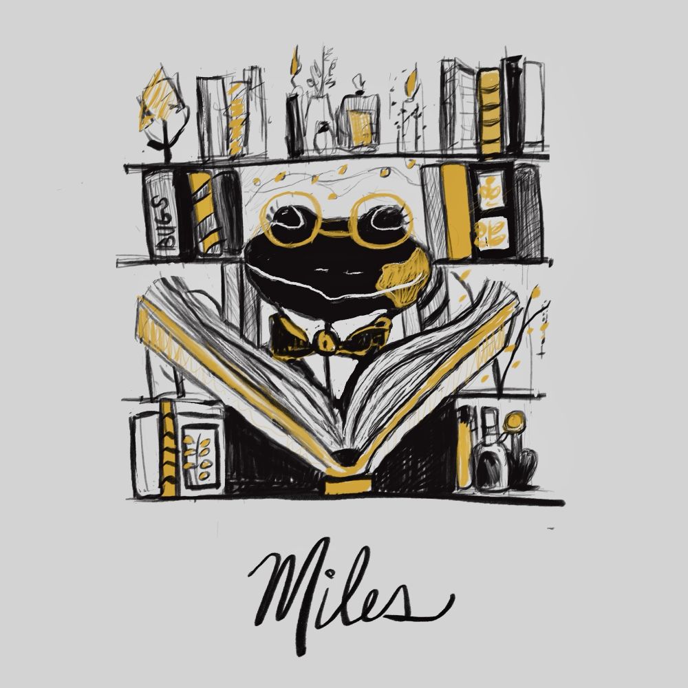 An illustration of an anthropomorphic fire salamander in a tie and spectacles reading from an open book. A bookshelf full of items including bottles, books, and twinkle lights are behind them. MILES is written under the illustration in flowing script.