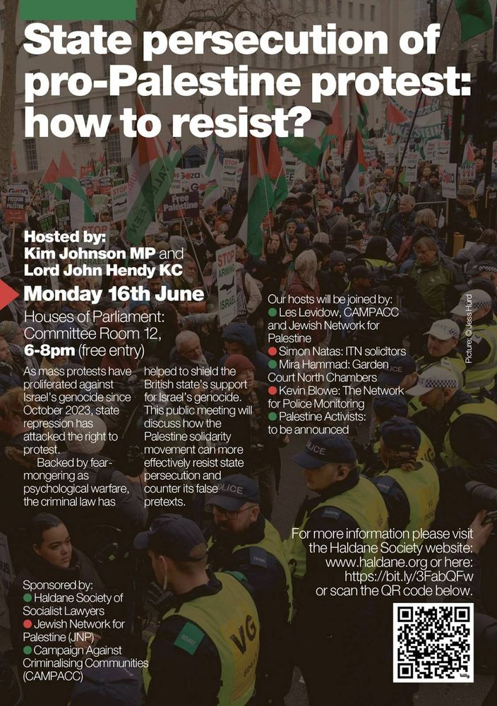 Poster advertising event State persecution of pro-Palestine protest: how to resist? find more info here: bit.ly/3FabQFw
