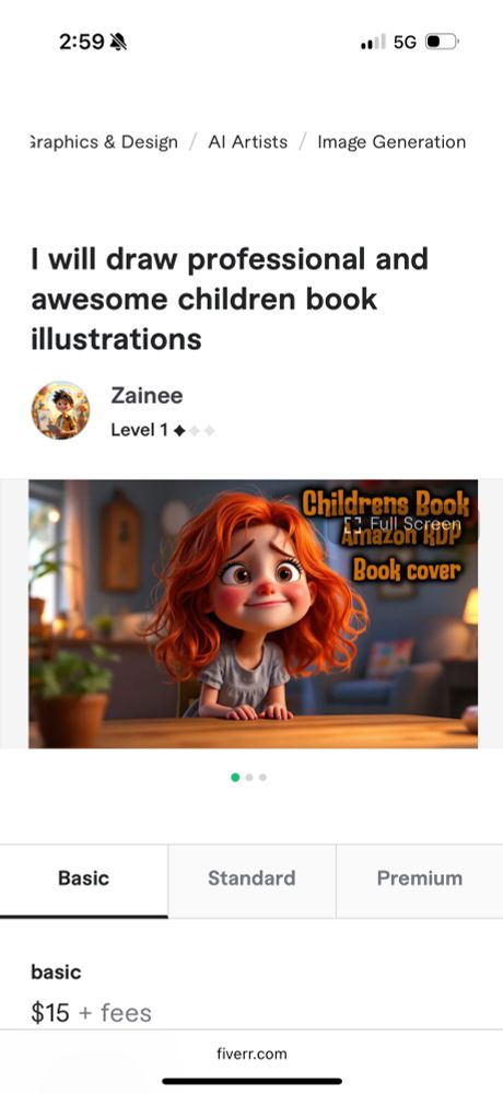 Fiverr "artist" Zainee with their commission(?) page reading: "I will draw professional and awesome children book illustrations" and a AI generated image on the bottom