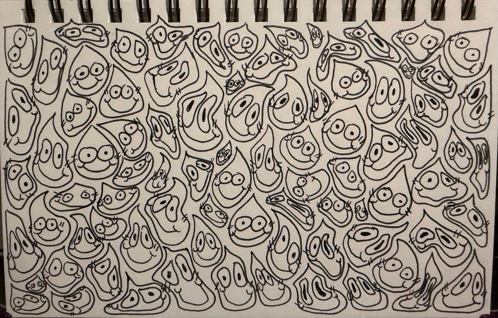 a sketchbook page of nothing but tyler faces, all distorted around eachother as if they’re being squished into the page