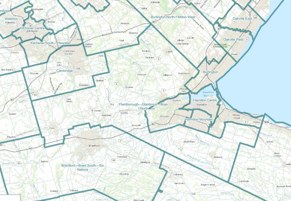 Map of newly redrawn federal electoral boundaries centering on Hamilton. New riding of Flamborough-Glanbrook-Brant North is a goofy rural/small town area that includes Binbrook, Carlisle and Paris.