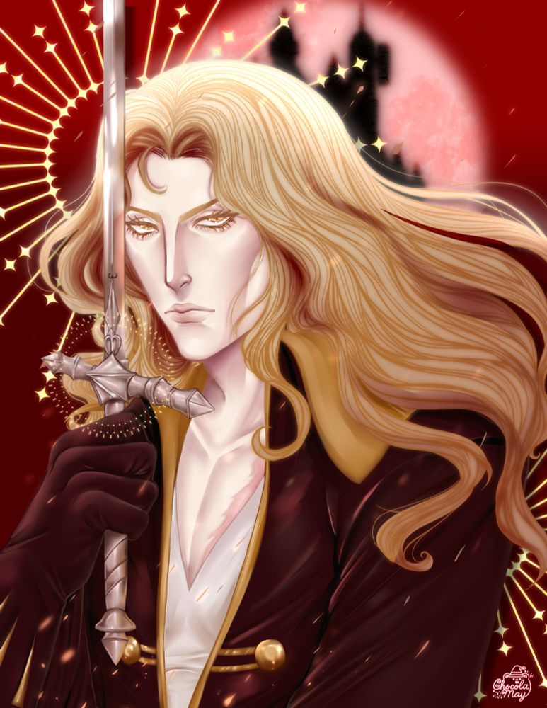 A bust up of Alucard from Castlevania, holding onto his sword. His hair blows in the wind as he looks at the camera, a red background with the castle in the background.