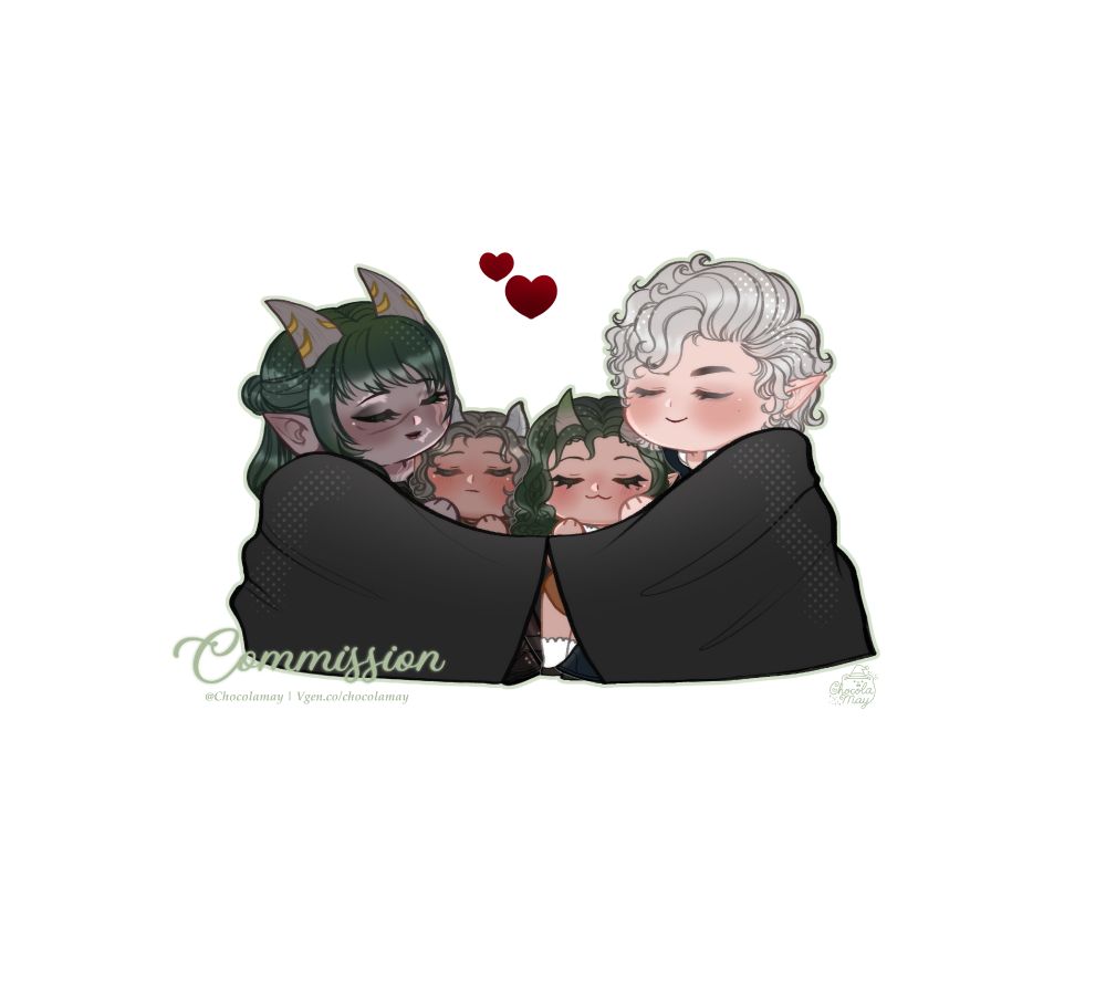 Somni's Tav, Mint, Astarion and their babies Astra and Irys under a blanket