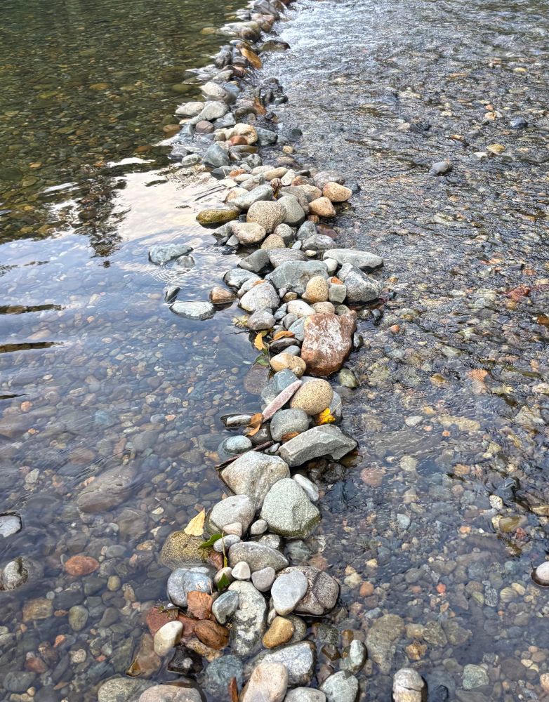 Line of small rocks above the surface of shallow river