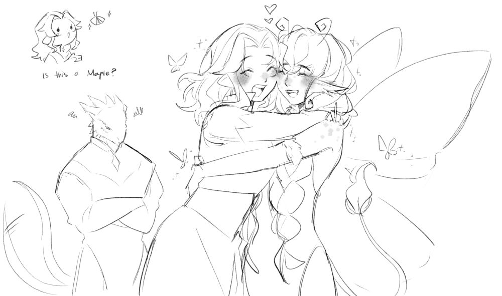 rough sketch of my oc, hana, and errezurera's adorable oc, maple, hugging each other while durge is jealous in the background. in the top left corner is a redraw of a meme where hana is looking at an ordinary moth and going "Is this a Maple?"