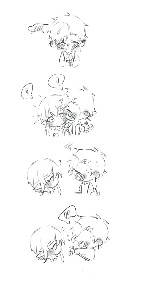 2019 comic doodle of my oc, kian, and halluuween's oc, ellena. the first panel is chibi kian blushing as he looks at the flower he's holding. the second panel features ellena popping up behind him, surprising him as he breaks the flower. the third panel features kian blushing and panicking as ellena is confused. the fourth panel, kian nervously shoves the broken flower before her as a gift.