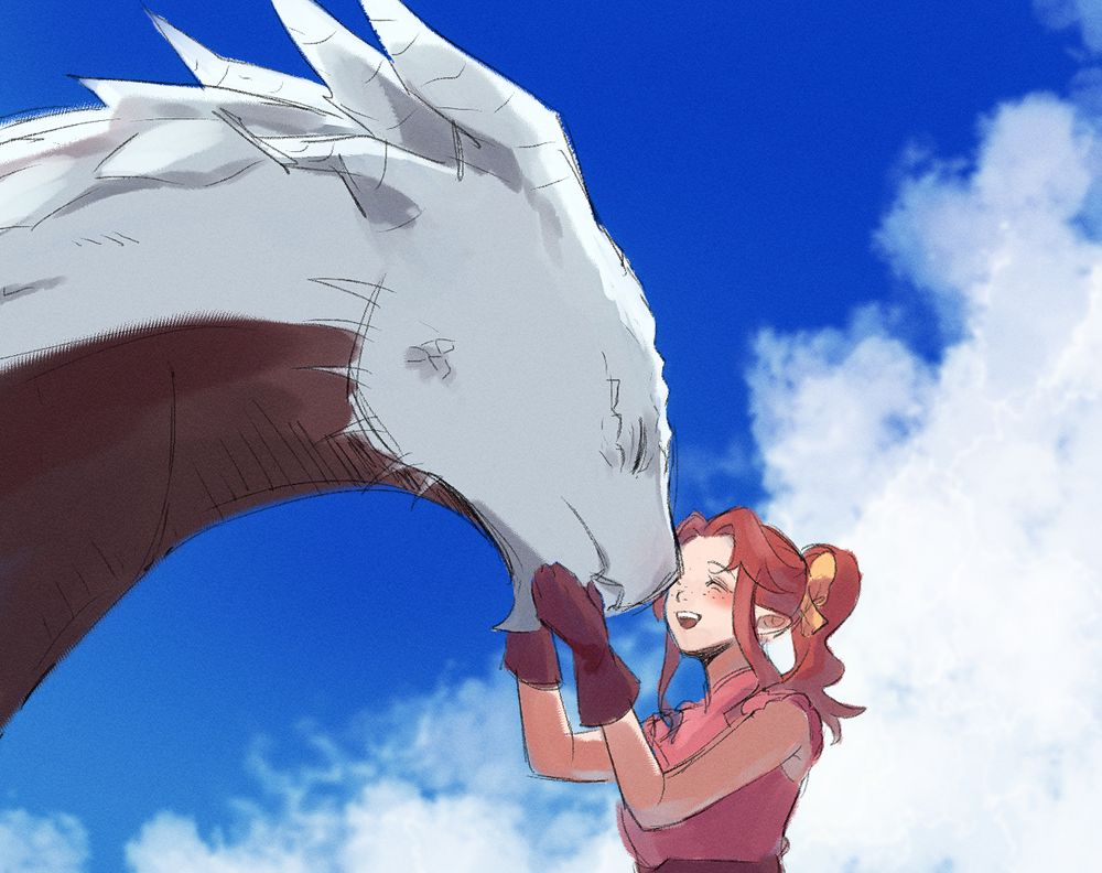 colored sketch of dragon durge nuzzling farmer hana as she caresses him with a blue sky behind them